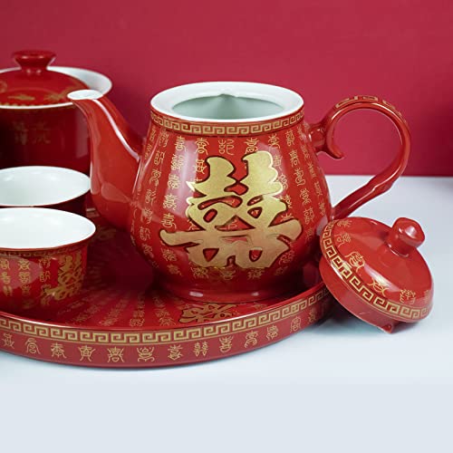 Kcgani Double Happiness Porcelain Red Wedding Tea Set Teapot, Chinese Traditional Wedding Decoration Supplies, Creative Ceramics Tea Service Set for Adults Ceremony Wedding Birthday Party Decor Gift