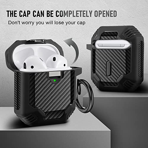 Maxjoy Compatible with Airpods 1st & 2nd Generation Case, Full Body Rugged Carbon Fiber Hard Shell Protective Case Cover with Keychain for Airpods 1st & 2nd Generation Case, Black