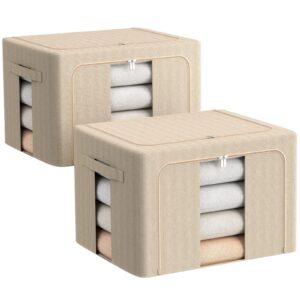 fhsqx clothes storage organizer bins- stackable storage containers for closet foldable storage bins for clothes with clear window & carry handles (large-66l(19.7x15.7x12.6inch), beige)