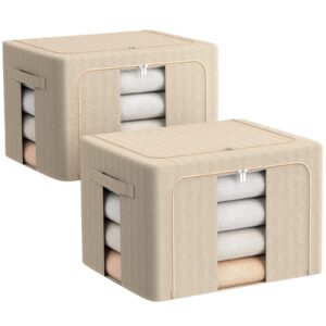 FHSQX Clothes Storage Organizer Bins- Stackable Storage Containers for Closet Foldable Storage Bins for Clothes with Clear Window & Carry Handles (Large-66L(19.7x15.7x12.6inch), Beige)