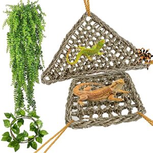 kathson bearded dragon hammock,lizard lounger reptile tank hanging plants climbing jungle vines flexible leaves decorations for lizards chameleon gecko snakes(5 pcs)