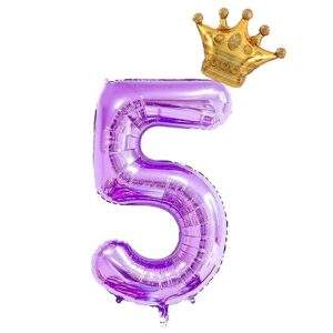 40inch purple number 5 crown balloons set, 5th birthday balloons for girls, 5th wedding anniversar celebration decorative balloons. (5) 40 inches