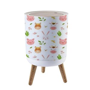 round trash can with press lid seamless with cute farm animals bunny cow pig and horse funny spring small garbage can trash bin dog-proof trash can wooden legs waste bin wastebasket 7l/1.8 gallon