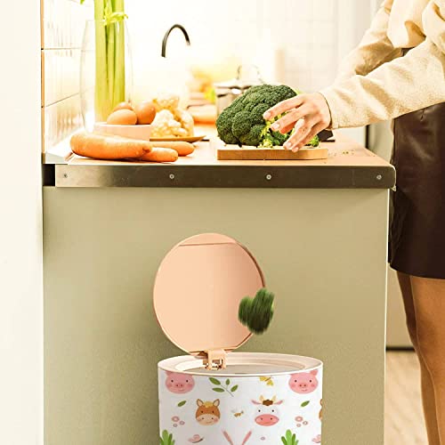 Round Trash Can with Press Lid Seamless with Cute Farm Animals Bunny Cow Pig and Horse Funny Spring Small Garbage Can Trash Bin Dog-Proof Trash Can Wooden Legs Waste Bin Wastebasket 7L/1.8 Gallon