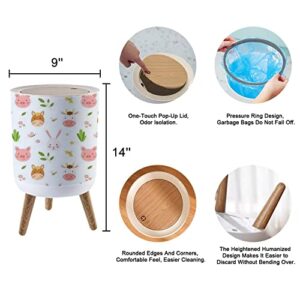 Round Trash Can with Press Lid Seamless with Cute Farm Animals Bunny Cow Pig and Horse Funny Spring Small Garbage Can Trash Bin Dog-Proof Trash Can Wooden Legs Waste Bin Wastebasket 7L/1.8 Gallon