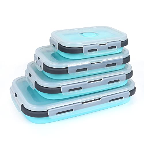 VIGIND Set of 4 Collapsible Foldable Silicone Food Storage Container, Leftover Meal Box With Airtight Plastic Lids For Kitchen, Bento Lunch Boxes-Microwave, Dishwasher and Freezer Safe