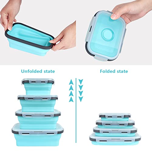 VIGIND Set of 4 Collapsible Foldable Silicone Food Storage Container, Leftover Meal Box With Airtight Plastic Lids For Kitchen, Bento Lunch Boxes-Microwave, Dishwasher and Freezer Safe