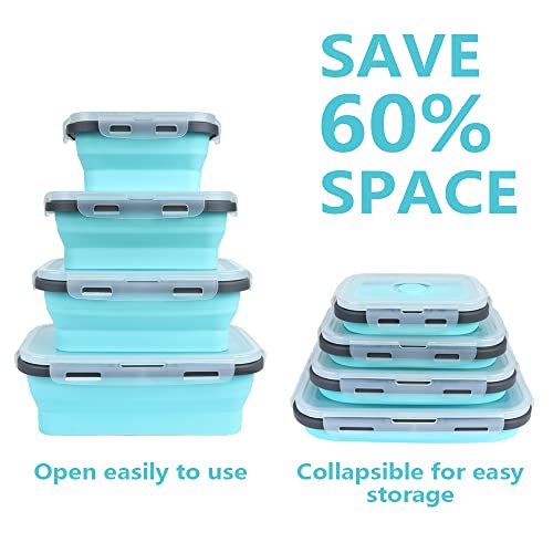 VIGIND Set of 4 Collapsible Foldable Silicone Food Storage Container, Leftover Meal Box With Airtight Plastic Lids For Kitchen, Bento Lunch Boxes-Microwave, Dishwasher and Freezer Safe