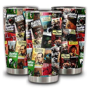 doinb tian insulated tumbler hercule vintage agatha christie book covers collage literary stainless steel coffee cup 20 oz vacuum tumblers travel mug, white, 20, 30oz