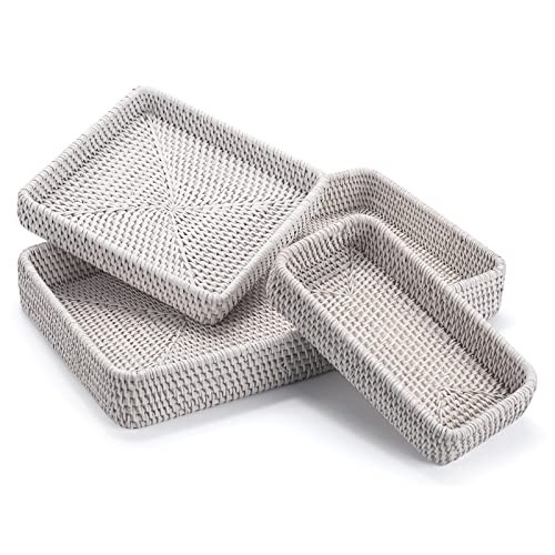 Rattan Serving Tray, Rectangular Woven Tray, Natural Wicker Decorative Serving Baskets for Organizing Tabletop Bathroom Kitchen Counter (White)