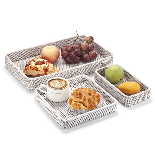 Rattan Serving Tray, Rectangular Woven Tray, Natural Wicker Decorative Serving Baskets for Organizing Tabletop Bathroom Kitchen Counter (White)