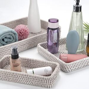 Rattan Serving Tray, Rectangular Woven Tray, Natural Wicker Decorative Serving Baskets for Organizing Tabletop Bathroom Kitchen Counter (White)