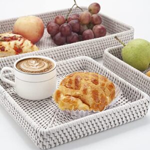 Rattan Serving Tray, Rectangular Woven Tray, Natural Wicker Decorative Serving Baskets for Organizing Tabletop Bathroom Kitchen Counter (White)