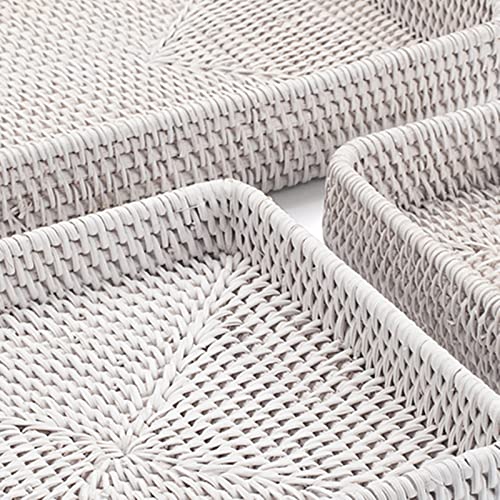 Rattan Serving Tray, Rectangular Woven Tray, Natural Wicker Decorative Serving Baskets for Organizing Tabletop Bathroom Kitchen Counter (White)