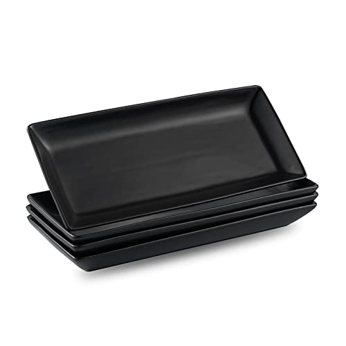 Gomakren Black Serving Platter Set of 4 Porcelain Serving Plates Rectangular Serving Dishes and Platters Serving Trays for Party Food Appetizer Salads Sushi, 10 Inches Black Serveware Gifts