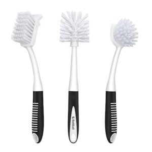 setsail dish brush set of 3 with bottle brush, dish scrub brush with long handle deep cleaning handle brush with scraper tip for kitchen sink dishes bottle cup pot and pans tile lines, black