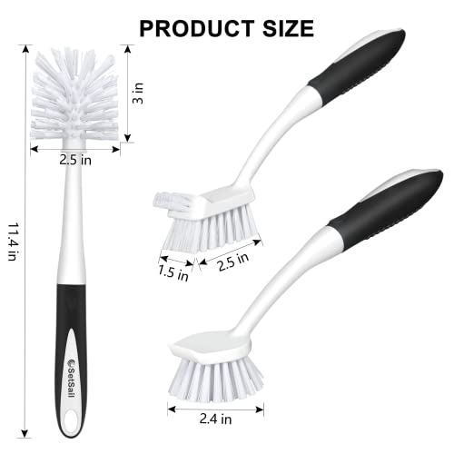 SetSail Dish Brush Set of 3 with Bottle Brush, Dish Scrub Brush with Long Handle Deep Cleaning Handle Brush with Scraper Tip for Kitchen Sink Dishes Bottle Cup Pot and Pans Tile Lines, Black