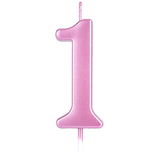 AIEX 2.76 Inch/ 7cm Cake Number Candles, Happy Birthday Number Candles Pink Numeral Cake Toppers for Birthday Wedding Anniversary Party Celebration (Number 1)