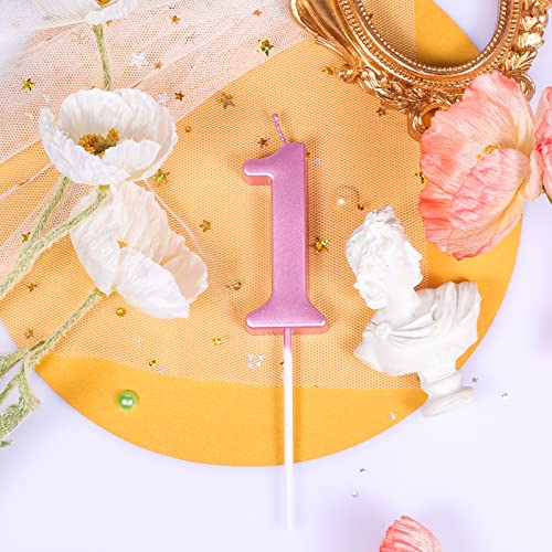 AIEX 2.76 Inch/ 7cm Cake Number Candles, Happy Birthday Number Candles Pink Numeral Cake Toppers for Birthday Wedding Anniversary Party Celebration (Number 1)
