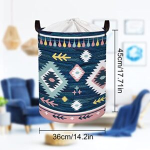 Clastyle 45L Waterproof Blue Geometric Boho Tassel Laundry Baskets Collapsible Storage Laundry Hamper with Drawstring for Clothes, 14.2 * 17.7 in