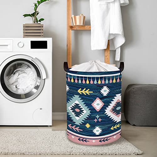 Clastyle 45L Waterproof Blue Geometric Boho Tassel Laundry Baskets Collapsible Storage Laundry Hamper with Drawstring for Clothes, 14.2 * 17.7 in