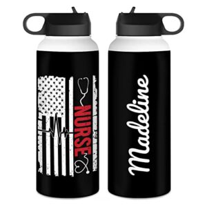winorax personalized nurse water bottle for women american us flag heartbeat stethoscope nurses insulated stainless steel sports travel coffee bottle 12oz 18oz 32oz gifts for nurse week rn cna