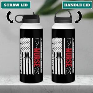 winorax Personalized Nurse Water Bottle for Women American US Flag Heartbeat Stethoscope Nurses Insulated Stainless Steel Sports Travel Coffee Bottle 12oz 18oz 32oz Gifts for Nurse Week RN CNA