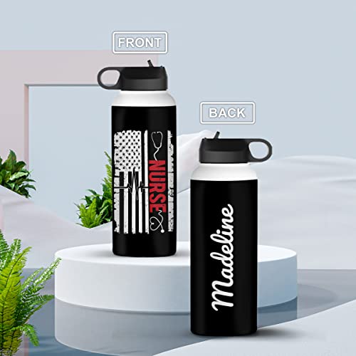 winorax Personalized Nurse Water Bottle for Women American US Flag Heartbeat Stethoscope Nurses Insulated Stainless Steel Sports Travel Coffee Bottle 12oz 18oz 32oz Gifts for Nurse Week RN CNA