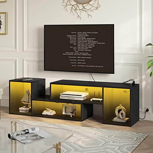 Rolanstar TV Stand, Deformable Stand with LED Strip & Power Outlets, Modern for 45/50/55/60/65/70 inch TVs, Gaming Entertainment Center Media 2 Pieces Console Cabinet, Black