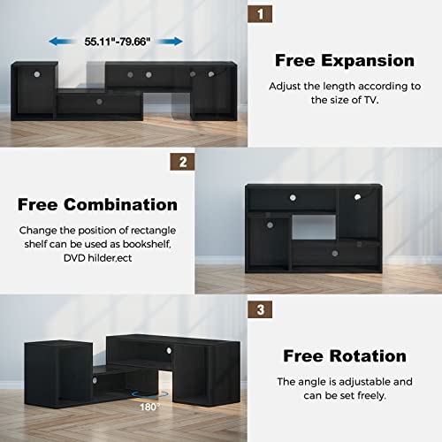 Rolanstar TV Stand, Deformable Stand with LED Strip & Power Outlets, Modern for 45/50/55/60/65/70 inch TVs, Gaming Entertainment Center Media 2 Pieces Console Cabinet, Black