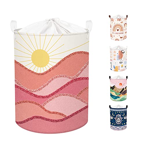 Clastyle 45L Boho Laundry Baskets for Clothes Collapsible Pink Sun Laundry Hamper with Drawstring Waterproof Beach Towel Storage Basket for Pool, 14.2 * 17.7 in