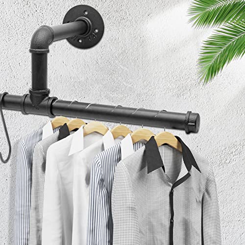 Rebala Industrial Pipe Clothing Rack 19.7 INCH,Wall Mounted Clothes Rack Max Load 110Lb,Heavy Duty Iron Garment Bar Space-Saving,Clothes Hanging Rod Bar , 1 Base,Multi-Purpose Hanging