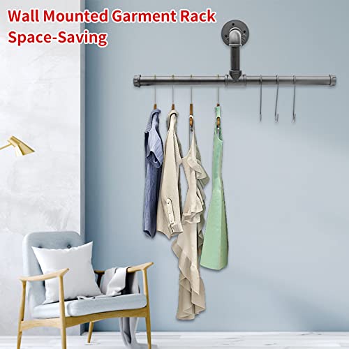 Rebala Industrial Pipe Clothing Rack 19.7 INCH,Wall Mounted Clothes Rack Max Load 110Lb,Heavy Duty Iron Garment Bar Space-Saving,Clothes Hanging Rod Bar , 1 Base,Multi-Purpose Hanging