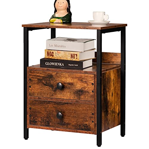 Lerliuo Nightstand, Side Table, Industrial Bedside Table with 2 Drawers and Open Shelf, Brown Night Stand, End Table with Steel Frame for Bedroom, Dorm, Brown/Black 23.6''H (Brown)