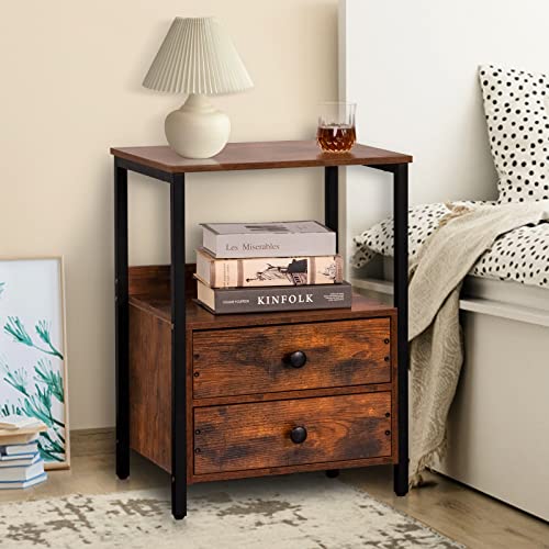 Lerliuo Nightstand, Side Table, Industrial Bedside Table with 2 Drawers and Open Shelf, Brown Night Stand, End Table with Steel Frame for Bedroom, Dorm, Brown/Black 23.6''H (Brown)