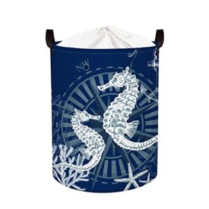 clastyle 45l waterproof blue seahorse laundry baskets for clothes collapsible animal storage laundry hamper with drawstring, 14.2 * 17.7 in