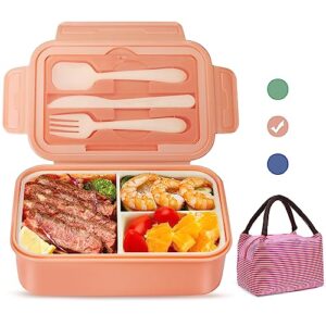 Landmore Bento Box Lunch Box for Kids Adults, 1100 ML Bento Lunch Box for Kids 3 Compartments with Utensils and Lunch Bag, Leakproof BPA Free(Pink)