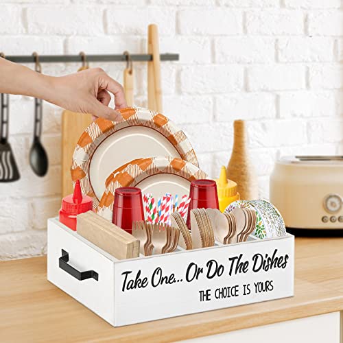 Kitchen Countertop Paper Plate Holders Utensil Caddy, Wood Utensil Holder Organizer for Plate Cup Fork Knives Spoon Napkin, Silverware Caddy Holder Condiment Caddy Organizer for Party Camping BBQ