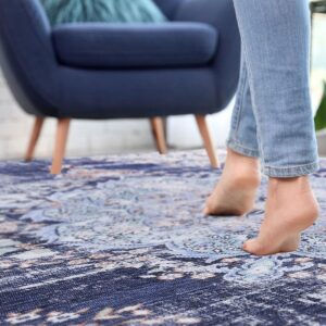 CAMILSON Machine Washable Area Rugs with Non Slip (Anti-Slip) Backing for Living Room Bedroom, Distressed Vintage Washable Rug 5x7, Stain and Water Resistant, Bohemian Indoor Carpet (5 x 7, Blue)