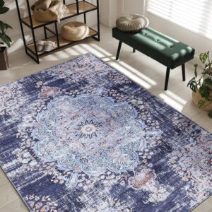 CAMILSON Machine Washable Area Rugs with Non Slip (Anti-Slip) Backing for Living Room Bedroom, Distressed Vintage Washable Rug 5x7, Stain and Water Resistant, Bohemian Indoor Carpet (5 x 7, Blue)