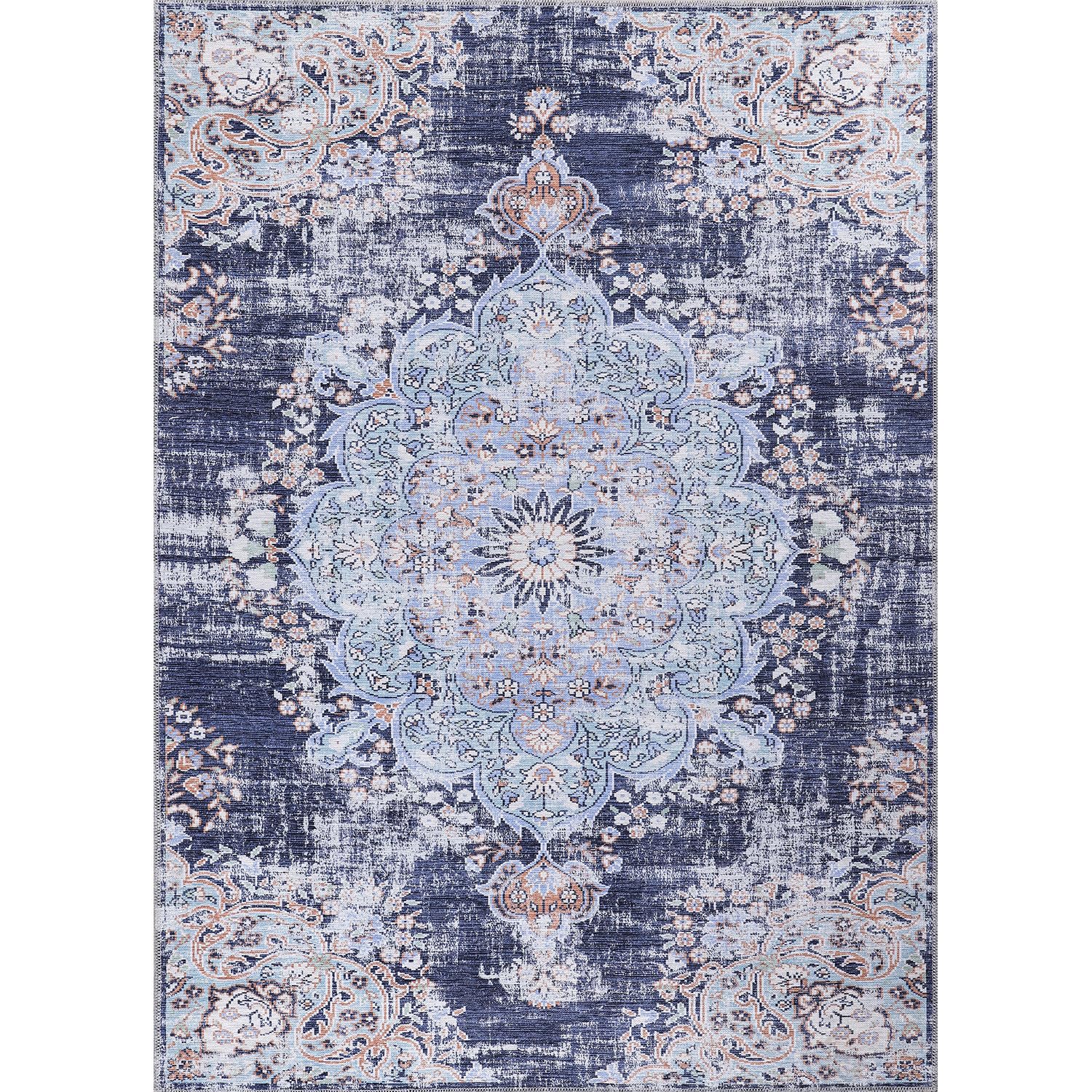 CAMILSON Machine Washable Area Rugs with Non Slip (Anti-Slip) Backing for Living Room Bedroom, Distressed Vintage Washable Rug 5x7, Stain and Water Resistant, Bohemian Indoor Carpet (5 x 7, Blue)