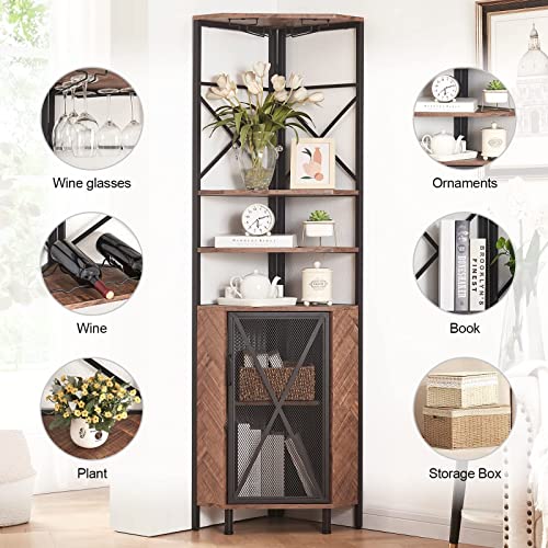 HOMISSUE 5-Tier Corner Shelf with Cabinet, Multipurpose Corner Shelf with Wine Rack and Bar Cabinet, Free Standing Corner Storage Cabinet for Living Room, Home Bar, Home Office, Balcony, Brown