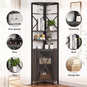 HOMISSUE 5-Tier Corner Shelf with Cabinet, Multipurpose Corner Shelf with Wine Rack and Bar Cabinet, Free Standing Corner Storage Cabinet for Living Room, Home Bar, Home Office, Balcony, Grey