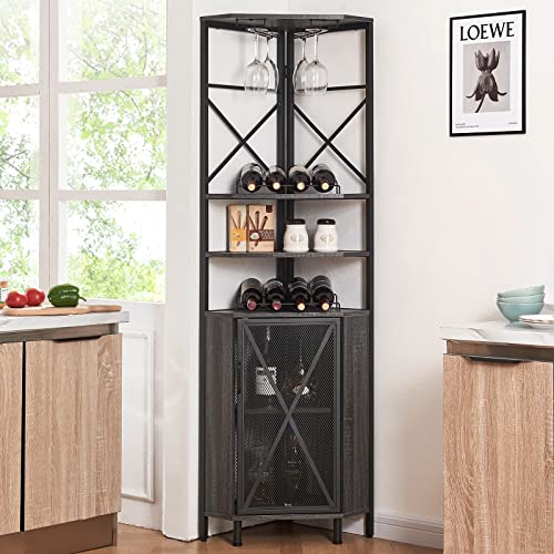 HOMISSUE 5-Tier Corner Shelf with Cabinet, Multipurpose Corner Shelf with Wine Rack and Bar Cabinet, Free Standing Corner Storage Cabinet for Living Room, Home Bar, Home Office, Balcony, Grey