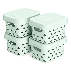 navaris plastic storage baskets with lids (set of 4) - 8.7" l x 6.9" w x 5.1" h - stackable basket organizing containers bins with lid - mint green