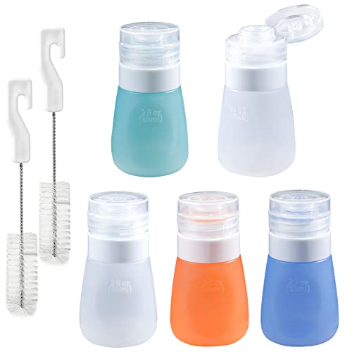 Webake 2oz Salad Dressing Container to Go, 5 Pack Condiment Squeeze Bottles Silicone Sauce Bottles with 2pcs Cleaning Brush, Leak Proof Mini Travel Containers