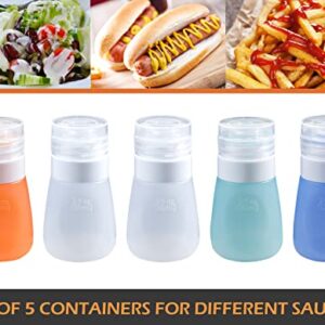 Webake 2oz Salad Dressing Container to Go, 5 Pack Condiment Squeeze Bottles Silicone Sauce Bottles with 2pcs Cleaning Brush, Leak Proof Mini Travel Containers