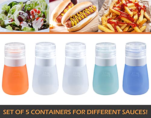 Webake 2oz Salad Dressing Container to Go, 5 Pack Condiment Squeeze Bottles Silicone Sauce Bottles with 2pcs Cleaning Brush, Leak Proof Mini Travel Containers