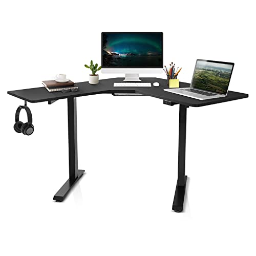 CAPHAUS 48 Inches L Shaped Electric Standing Computer Desk, Home Office Height Adjustable Corner Desk with 2 Position Memory Control Panel, Black Metal Frame & P2 Grade Black Desktop, Single Motor