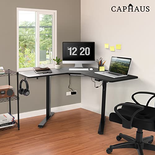 CAPHAUS 48 Inches L Shaped Electric Standing Computer Desk, Home Office Height Adjustable Corner Desk with 2 Position Memory Control Panel, Black Metal Frame & P2 Grade Black Desktop, Single Motor